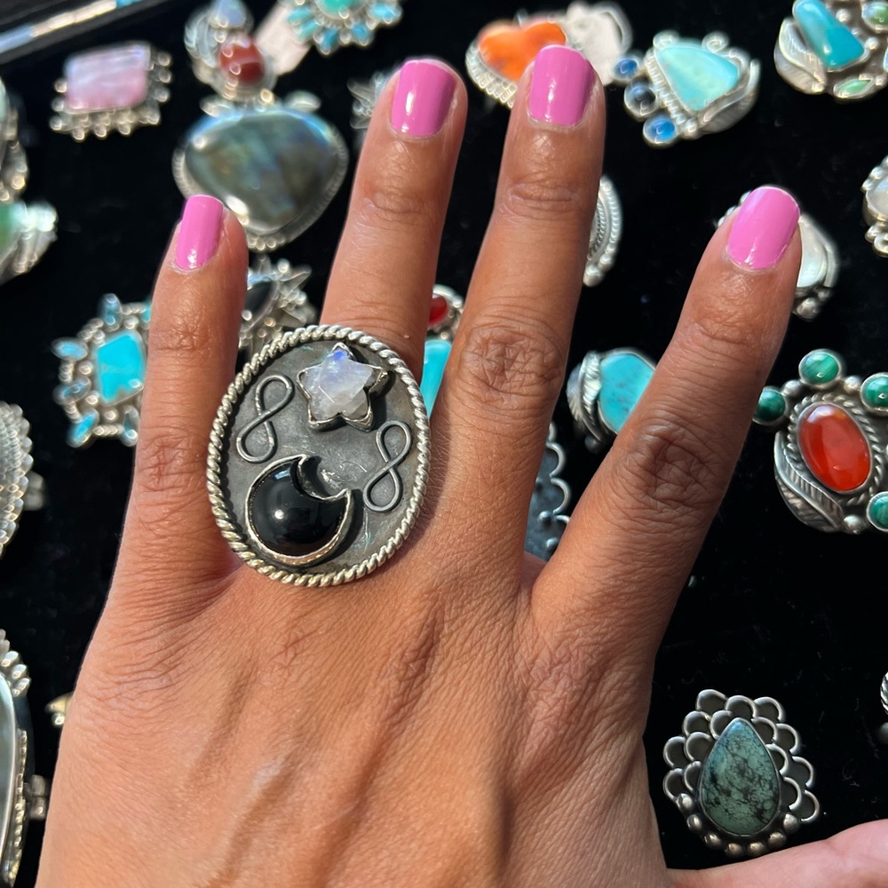 Moon & star Sterling silver ring Natural gemstones